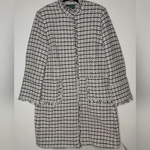 Harvé Benard Tweed‎ Coat Jacket Black White Fringe Wool Blend Size 16